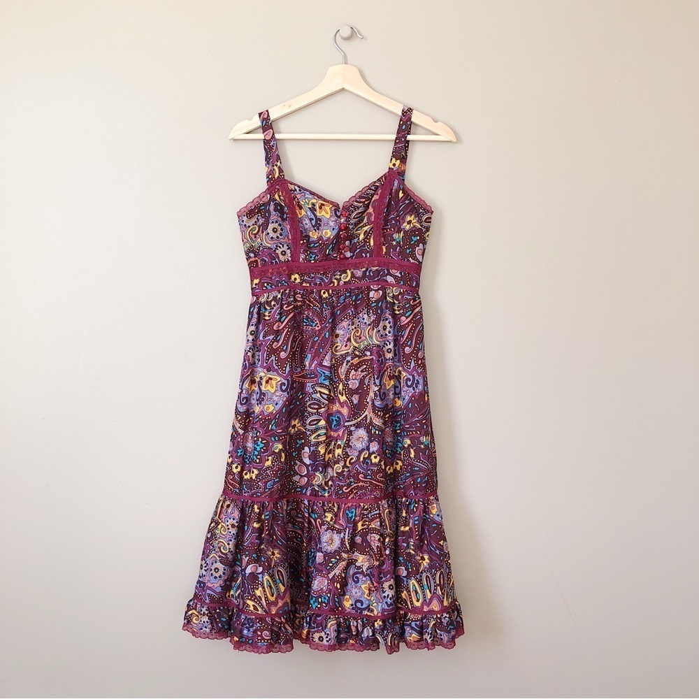 Betsey Johnson • vintage silk dress paisley midi retro 70s colorful lace peasant - Picture 2 of 11